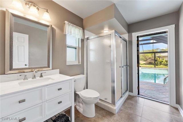 full bathroom featuring toilet, a stall shower, tile patterned floors, and vanity