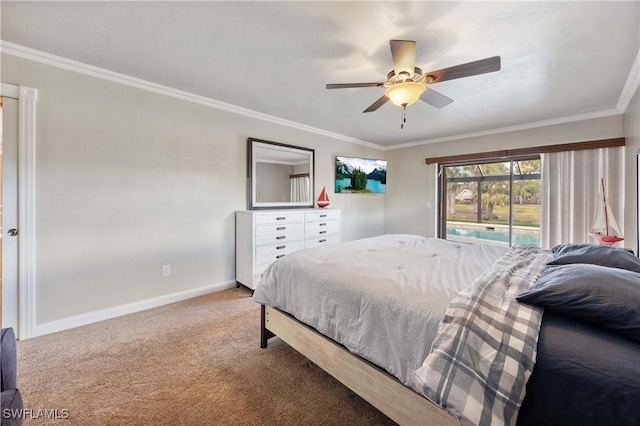 bedroom featuring a ceiling fan, baseboards, access to outside, ornamental molding, and carpet