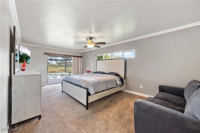 bedroom featuring light carpet, baseboards, a ceiling fan, access to exterior, and crown molding