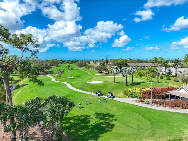 view of community featuring view of golf course and a lawn