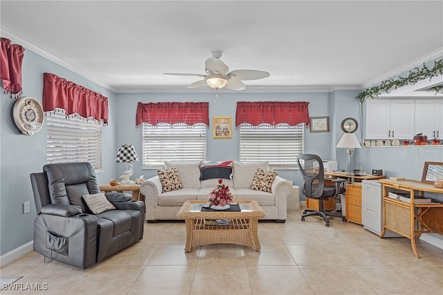 tiled living room with ceiling fan and ornamental molding