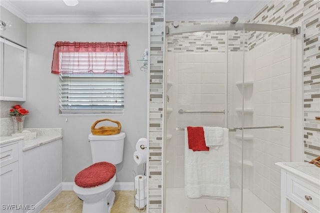 bathroom featuring vanity, ornamental molding, toilet, and walk in shower