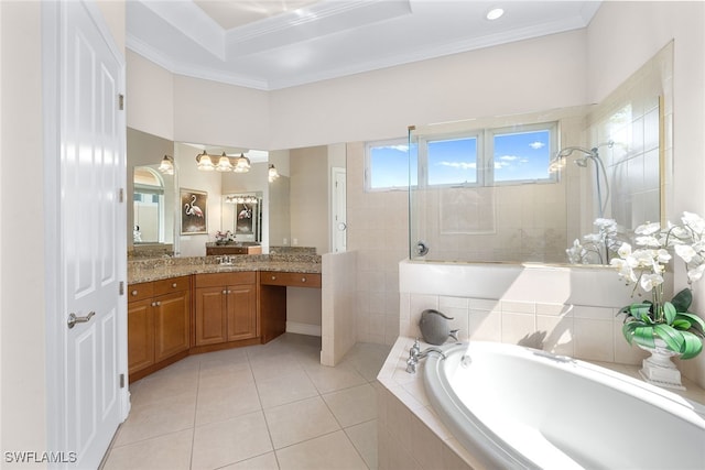 bathroom featuring vanity, tile patterned floors, crown molding, and independent shower and bath