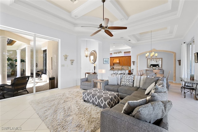 tiled living room featuring beam ceiling, ceiling fan with notable chandelier, ornamental molding, and plenty of natural light