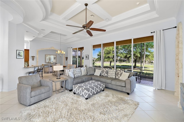 tiled living room with beamed ceiling, ceiling fan with notable chandelier, crown molding, and coffered ceiling