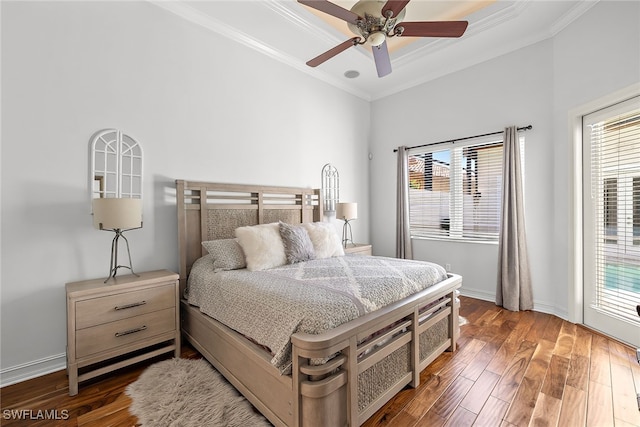 bedroom featuring access to outside, ceiling fan, multiple windows, and dark hardwood / wood-style floors