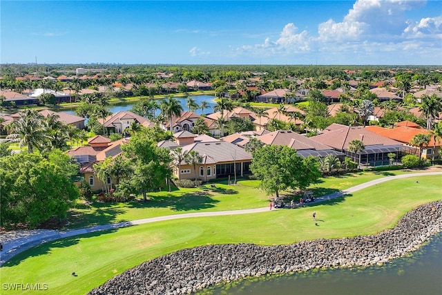 bird's eye view with a water view