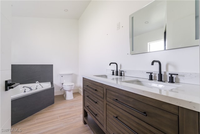 bathroom with toilet, vanity, wood-type flooring, and a bathtub