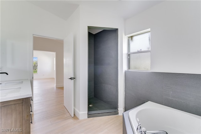 bathroom featuring wood-type flooring, vanity, and plus walk in shower