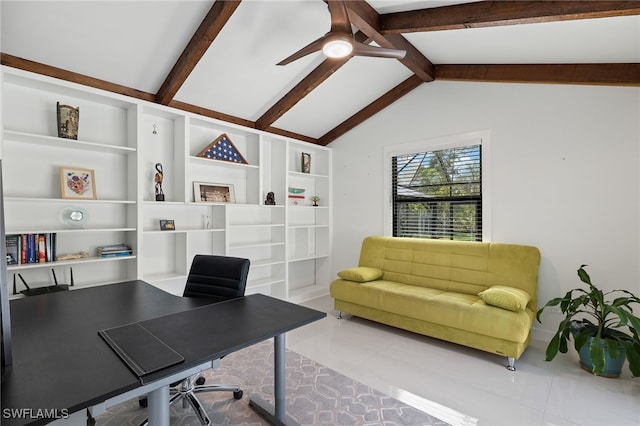 office area with vaulted ceiling with beams and ceiling fan