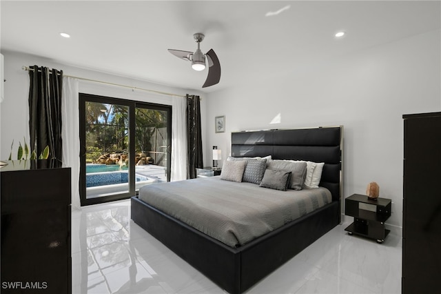 bedroom featuring access to exterior and ceiling fan