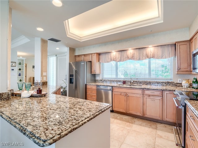 kitchen featuring kitchen peninsula, light stone countertops, sink, and appliances with stainless steel finishes