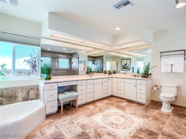 full bathroom with toilet, vanity, and shower with separate bathtub