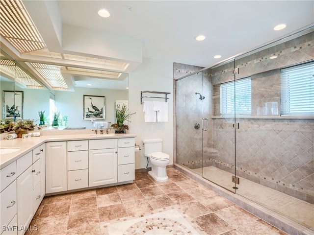 bathroom featuring vanity, toilet, and a shower with shower door