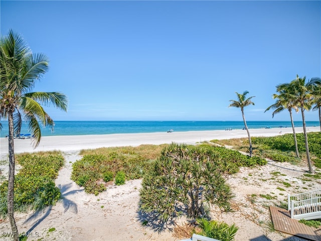 view of water feature with a beach view