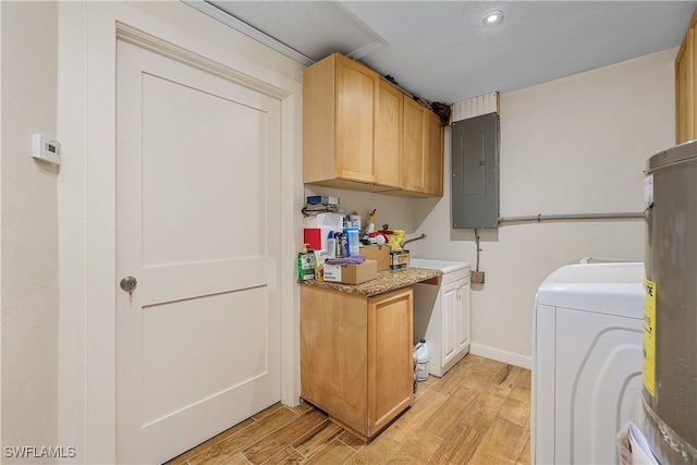 laundry area featuring cabinets, electric water heater, washer / clothes dryer, electric panel, and light hardwood / wood-style floors