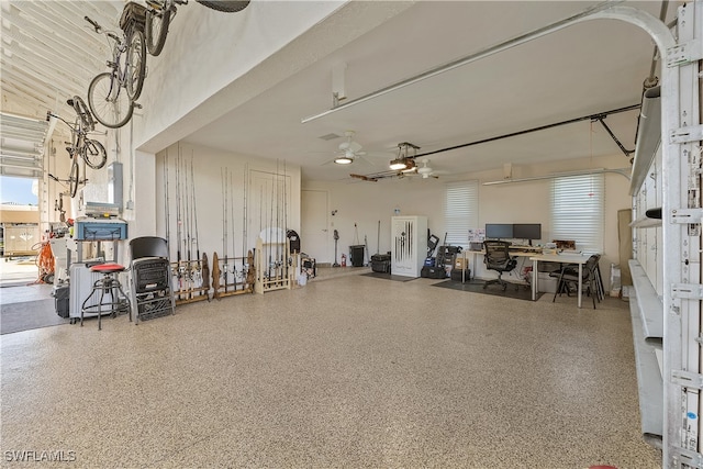 garage featuring ceiling fan