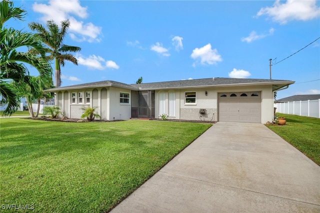 single story home featuring a front yard and a garage