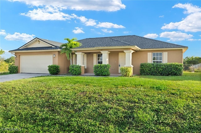 single story home featuring a front yard, a garage, and covered porch