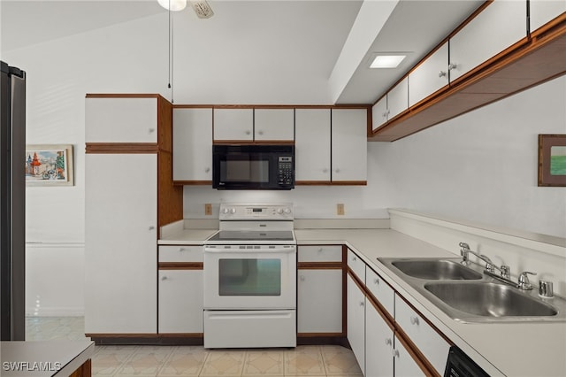 kitchen featuring white range with electric cooktop, dishwasher, white cabinets, and sink