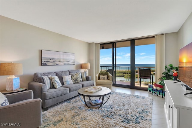 living room featuring expansive windows and light wood-type flooring