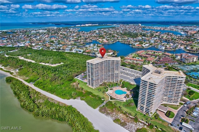 drone / aerial view featuring a water view