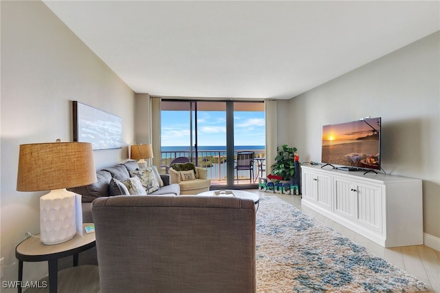 living room with expansive windows and light hardwood / wood-style floors