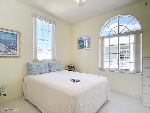 bedroom featuring ceiling fan and multiple windows