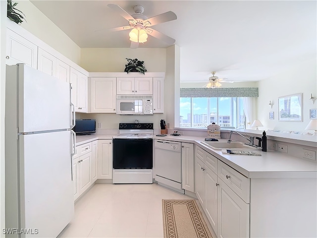 kitchen with white cabinets, ceiling fan, white appliances, and sink