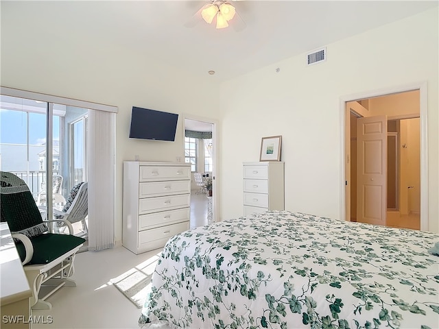 bedroom featuring ceiling fan and access to exterior