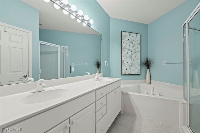 bathroom with vanity, shower with separate bathtub, and tile patterned floors