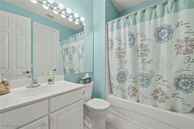 full bathroom with vanity, shower / tub combo with curtain, tile patterned flooring, and toilet