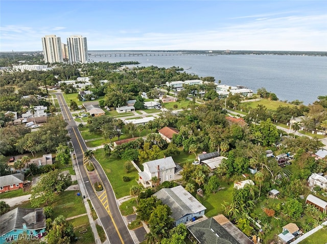 aerial view featuring a water view