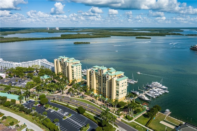 aerial view featuring a water view