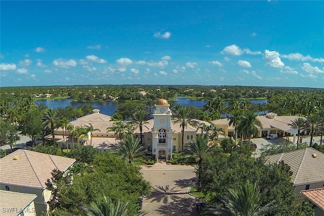 drone / aerial view with a water view