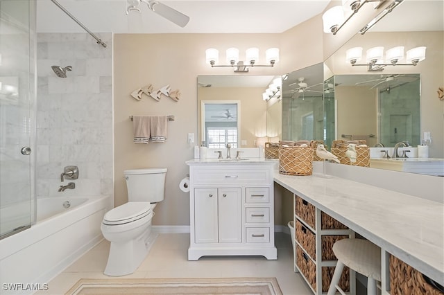 full bathroom featuring tile patterned flooring, ceiling fan, vanity, bath / shower combo with glass door, and toilet