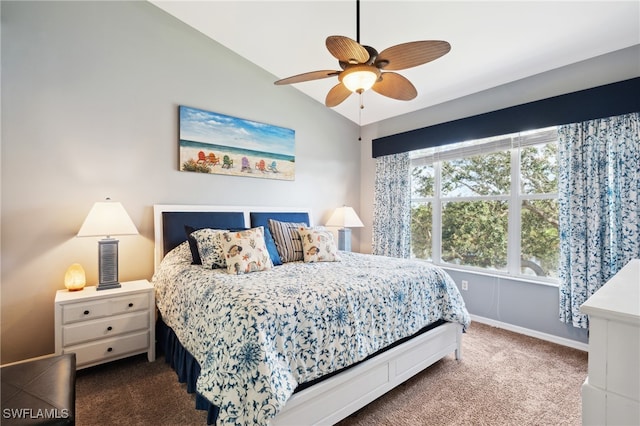 bedroom featuring carpet flooring, lofted ceiling, and ceiling fan