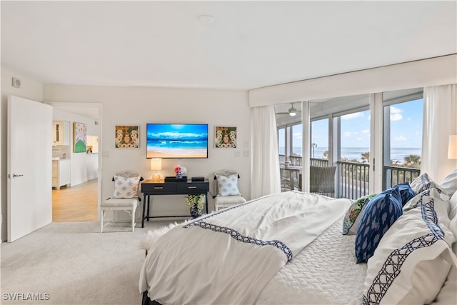 bedroom featuring light colored carpet and access to exterior