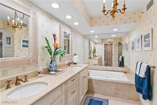 full bath featuring wallpapered walls, visible vents, a sink, and a notable chandelier
