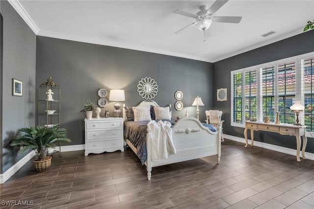 bedroom with a ceiling fan, baseboards, visible vents, ornamental molding, and wood tiled floor