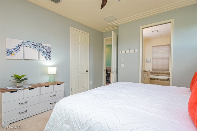 carpeted bedroom featuring connected bathroom and ceiling fan