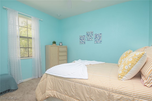 bedroom with light colored carpet