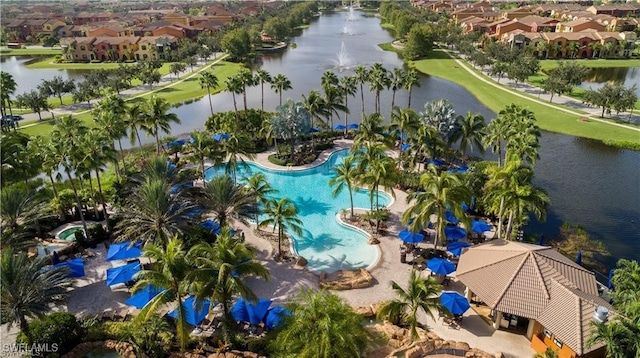 bird's eye view with a water view