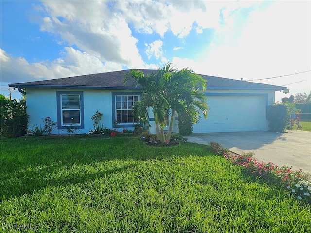 ranch-style home with a front lawn and a garage