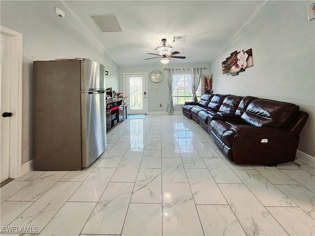 living room with ceiling fan