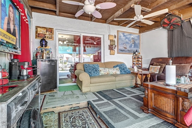 living room featuring wood ceiling, ceiling fan, and beam ceiling