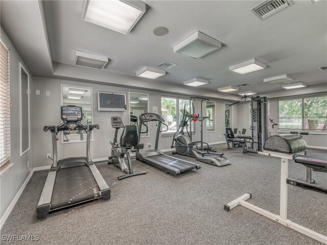 exercise room featuring a textured ceiling, carpet floors, and a healthy amount of sunlight