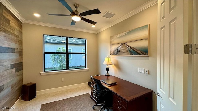 tiled home office featuring ceiling fan and ornamental molding