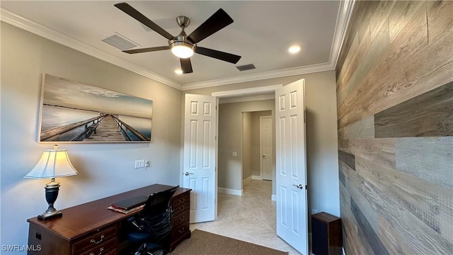 tiled office with ceiling fan and ornamental molding