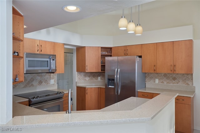 kitchen featuring kitchen peninsula, light stone countertops, tasteful backsplash, stainless steel appliances, and decorative light fixtures